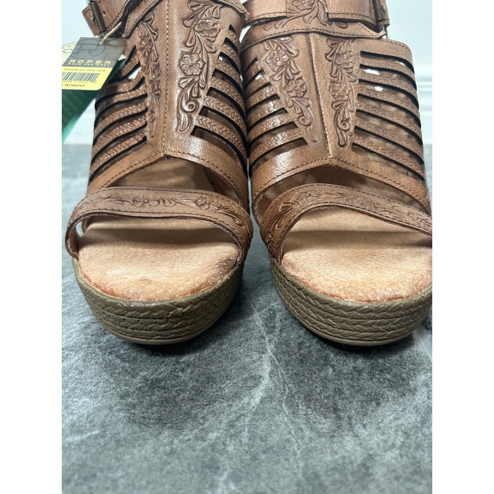 NWT Roper Mika lll Leather Open Toe Cognac Heel Strappy Sandal Size 8 Western - Picture 8 of 14
